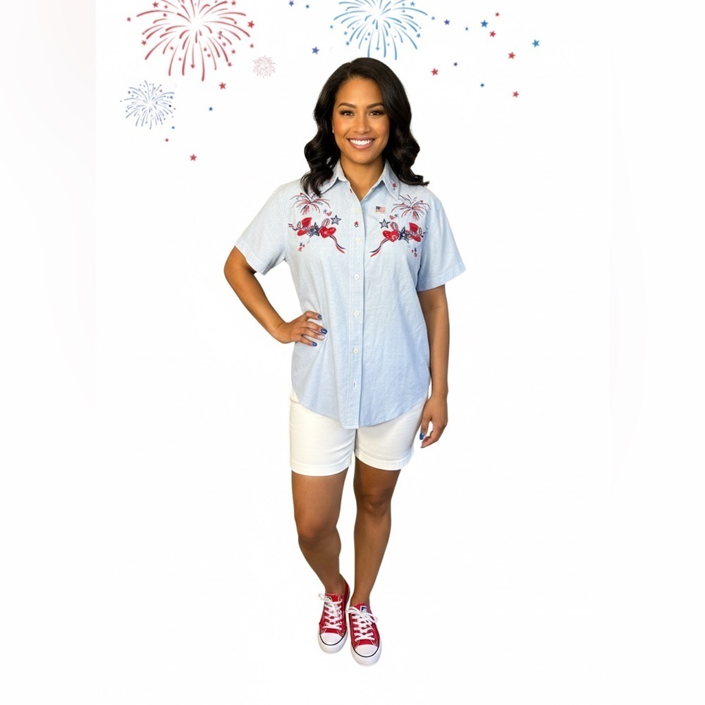 Quizz Petite Embroidered Americana Button Shirt PM Cotton Patriotic Vintage